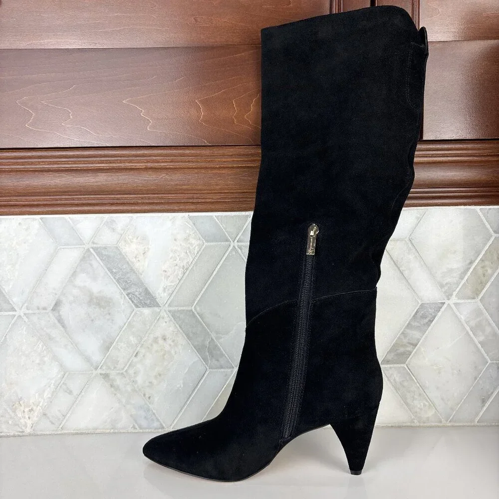 7.5 Tall Knee High Boot Black Leather Suede Cone Heel Pointed Toe Zip Bryle